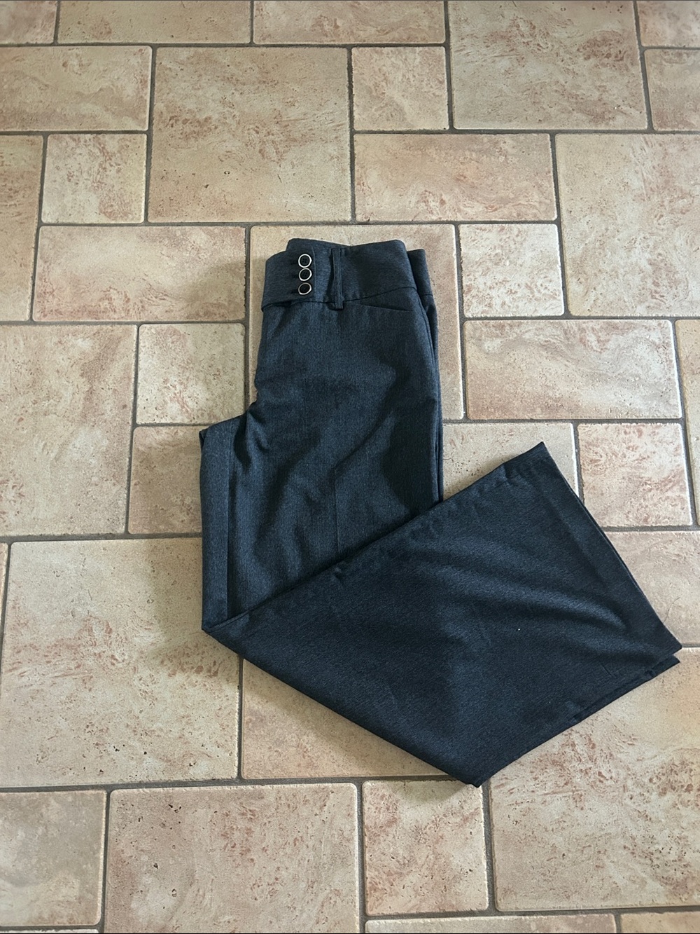 Dark Heather Gray Women's Dress Pants with Triple Button Waist. Wide leg